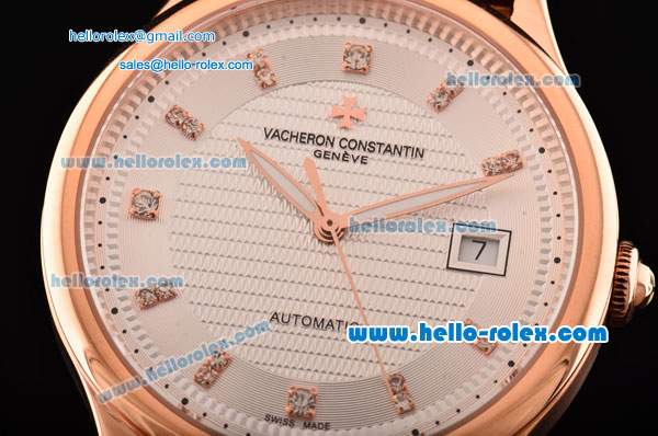 Vacheron Constantin Patrimony Swiss ETA 2836 Automatic Rose Gold Case Brown Leather Strap with White Dial Diamond Markers - Click Image to Close